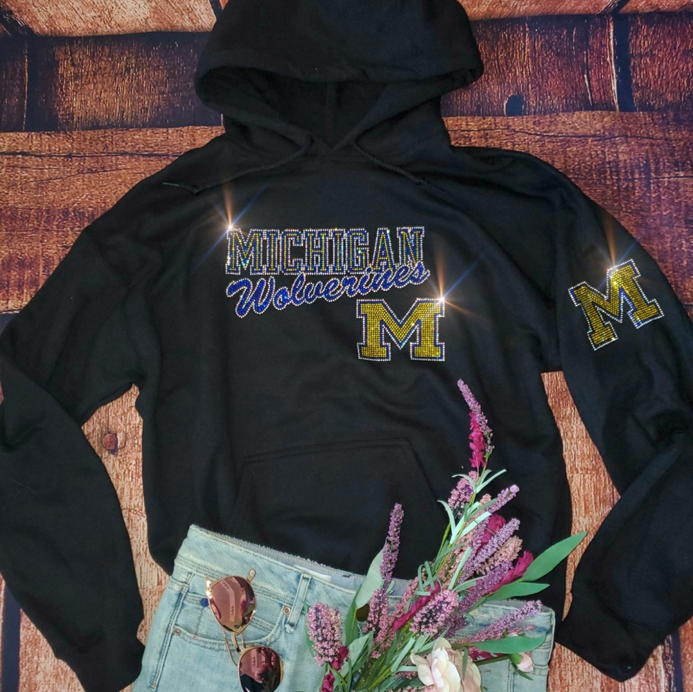 New Michigan Wolverines Bling Hoodie Navy or Black Rhinestone Sweatshirt S-XL